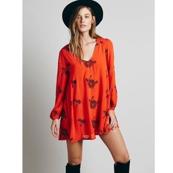 Free People Austin Embroidered Bohemian Mini Dress Red Orange - Picture 1 of 12
